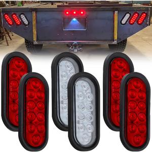 6Pcs 6 Inch Oval LED Trailer Tail Lights 10 LED, 4 Red and 2 White 6" Oval Led Stop Turn Tail Lights Brake Reverse Back Up Trailer Lights w/Flush Mount Grommets Plugs Waterproof for RV Truck Bus 12V