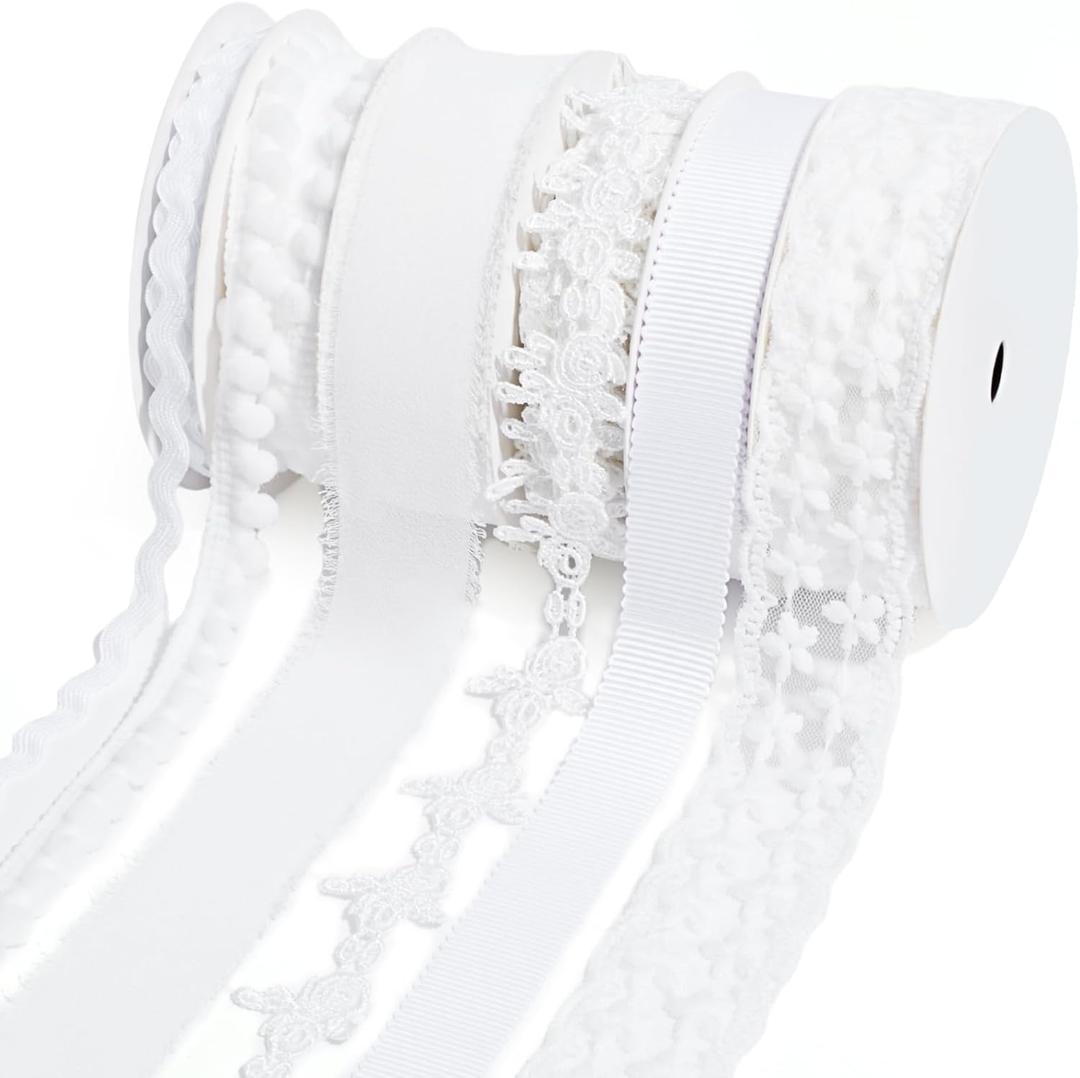 LaRibbons White Ribbons for Crafts 6 Rolls 27.5 Yards TTL Thin Ribbon for Sewing Wedding Gift Wrapping Home Decor