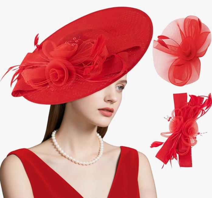 dressfan Wide Brim Fascinator Derby Hats for Women,20s Detachable Flower Hat with Headband for Derby Church Wedding Tea Party