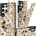 Petitian for Samsung Galaxy S25 Ultra Case with Wallet - Women Girls Cute Girly Aesthetic Unique Design Leather Credit Card Holder Cardholder Stand Wristband for S25 Ultra, Vin Flower