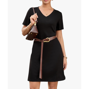 Womens Summer Dresses Casual V Neck Mini Shift Short Sleeve Sun Dress for Women Work Split Beach Sundress,L
