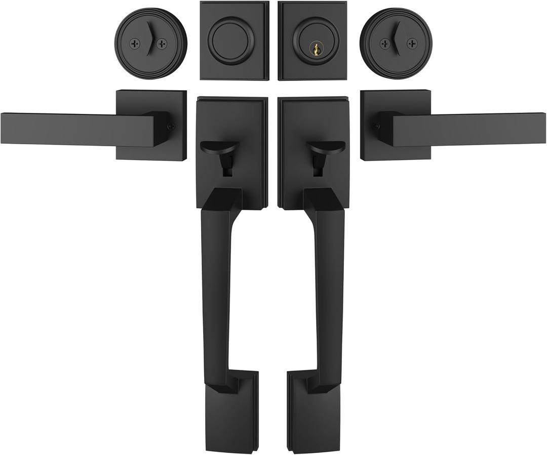 Matte Black Double Front Door Handle Set, French Door Locks for Double Doors with Smooth Deadbolt & Dummy Handle, Double Door Lock Easy to Install, Durable Construction for Front Door