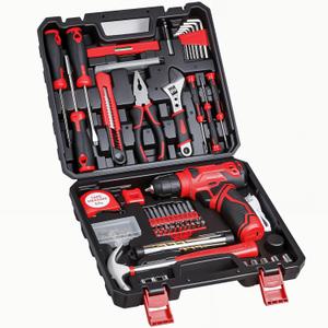 Tool Set - 8V Cordless Drill Set, 132 Piece Home Tool Set With Hand Drill, Tool Kit for Women & Men, Perfect for Homeowner, Diyer, Handyman (Red)