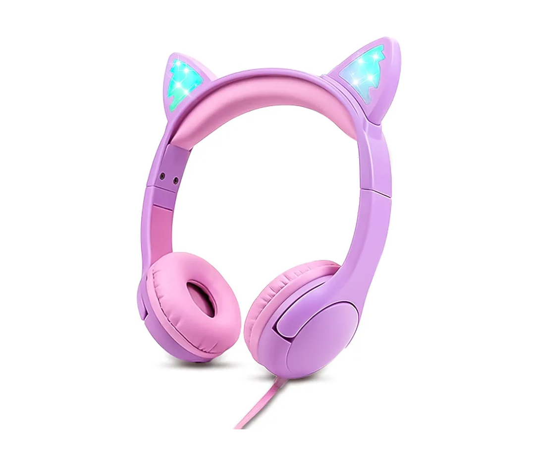 Kids Headphones, Safe 85db Volume Control Light Up Cat Ear Headphones for iPad Fire Tablet Kindle, On-Ear LED Children Headphones for School Learning Travel - Purple/Pink