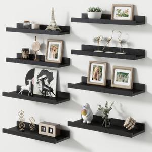 FLYJOE Picture Ledge Shelf, Small Floating Shelves Set of 8, 16 Inches Nursery Book Shelves for Toys Storage, Kids Bookshelf Wall Mounted for Living Room Bedroom Decor Books Photo Frames, Cool Black