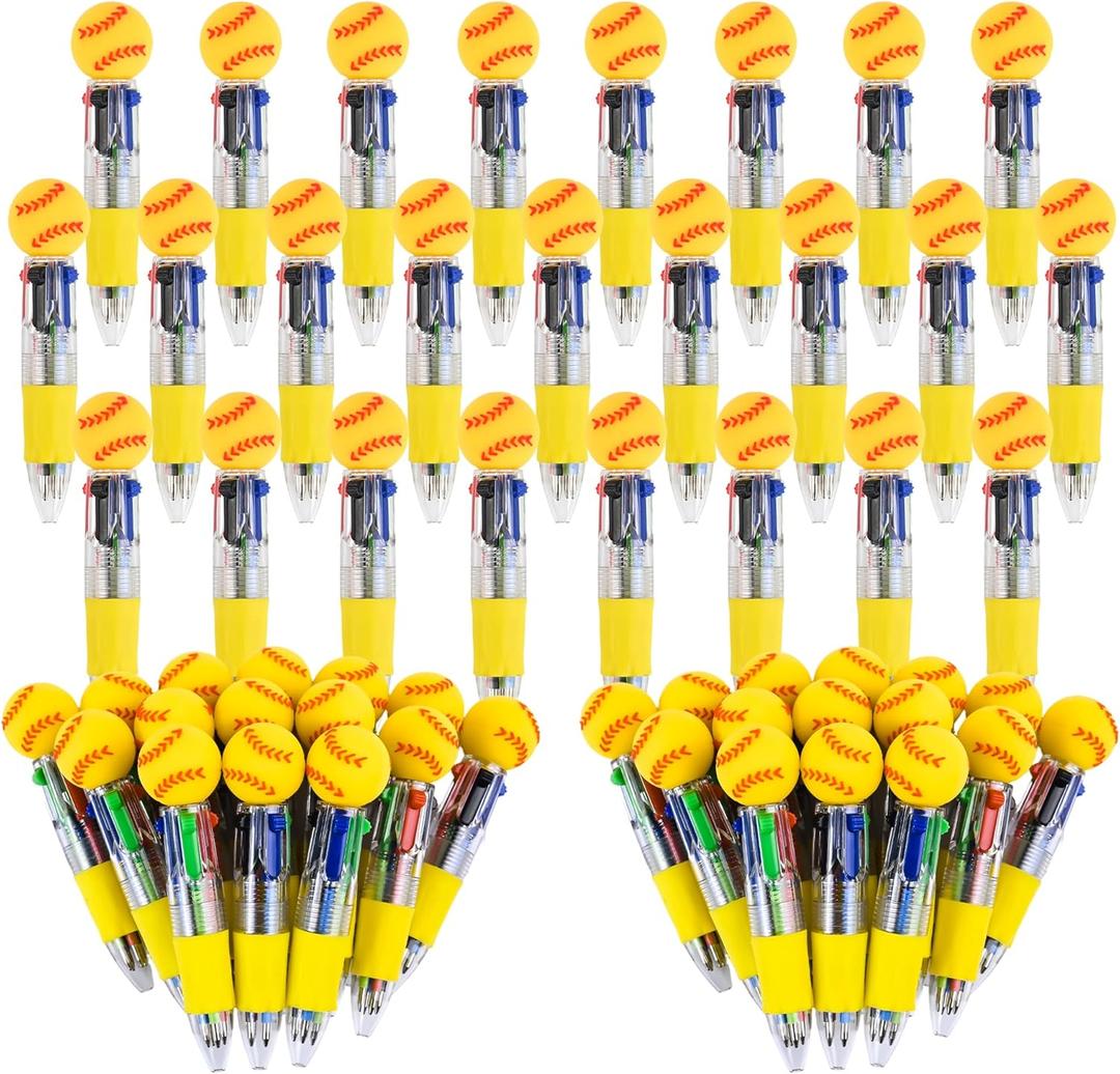 LiYiQ 50 Pcs Softball Party Favor Multicolor Pen in One Cartoon Cute Fun 4-in-1 Cute Pens Bulk Kawaii Softball Shape Cool Ballpoint Pens for Kids Fun Gifts