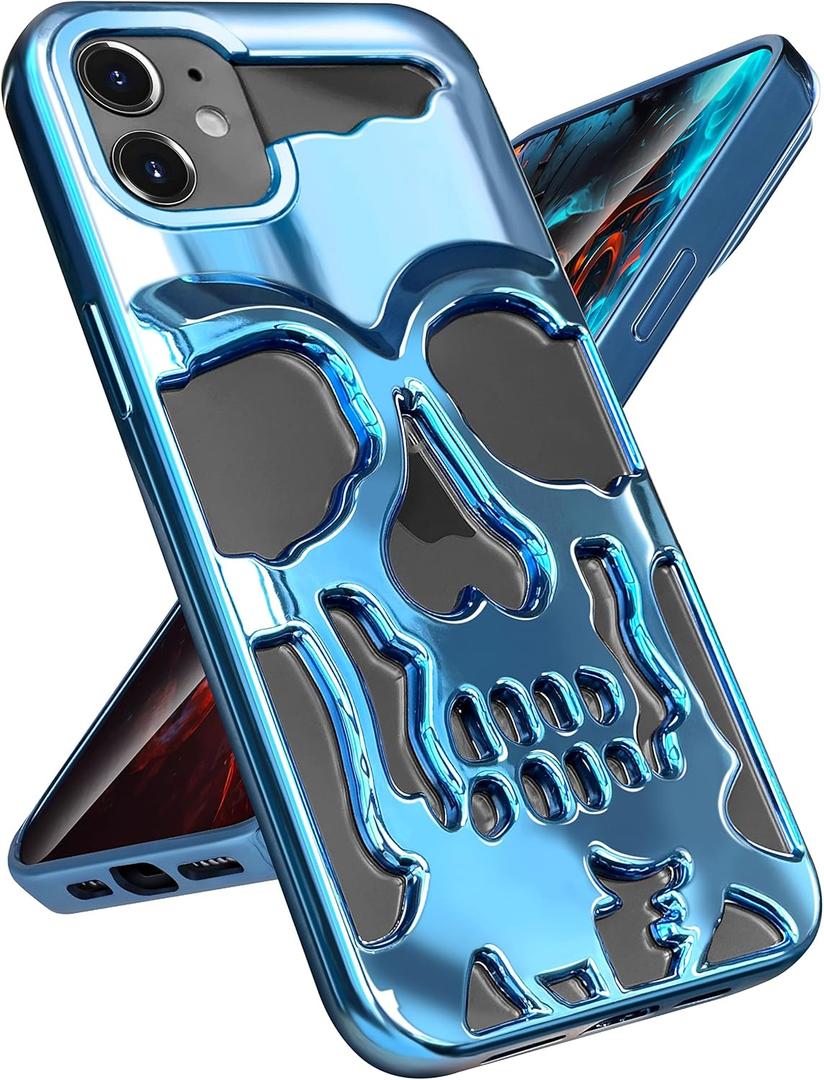 for iPhone 12 Phone Case for Men Women, Cool Skull Skeleton Funny Gothic Hollow Phone case for Apple 12 Cute Hollowed Plated Shockproof Cover for Boys Girls, Sierra Blue