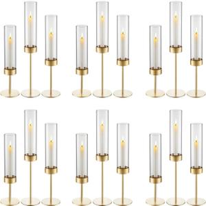 VEVOR Hurricane Candle Holders Set of 18, Gold Metal Stand with Clear Glass Cylinders, Elegant Tiered Centerpieces Wind Protection for Wedding, Table Centerpieces, Party, Home Decor, Modern Style