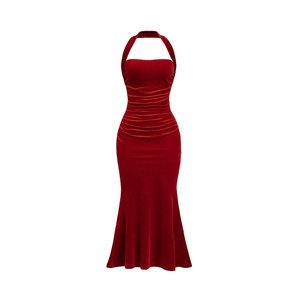 SOLY HUX Women's Velvet Halter Bodycon Dress Sleeveless Ruched Fishtail Cocktail Party Long Dresses, S