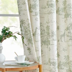 JINCHAN Linen Toile Curtains 84 Inches Long for Living Room Toile de Jouy Floral Printed Farmhouse French Country Curtains Grommet Top Light Filtering Window Drapes for Bedroom 2 Panels Green on Beige
