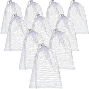 TecUnite 10 Pcs Mesh Bags Drawstring Laundry Bags Large Nylon Mesh Gift Dishwasher Bag with Sliding Drawstring for Kitchen Jewelry Gifts Wedding Favor Home(11.8 x 7.5 Inch,White)