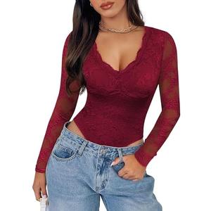 SAUNGKUAI Women's V Neck Lace Bodysuit Long Sleeve Bodysuits Double Lined Going Out Tops Y2K Trendy Thong Outfits M, Burgundy