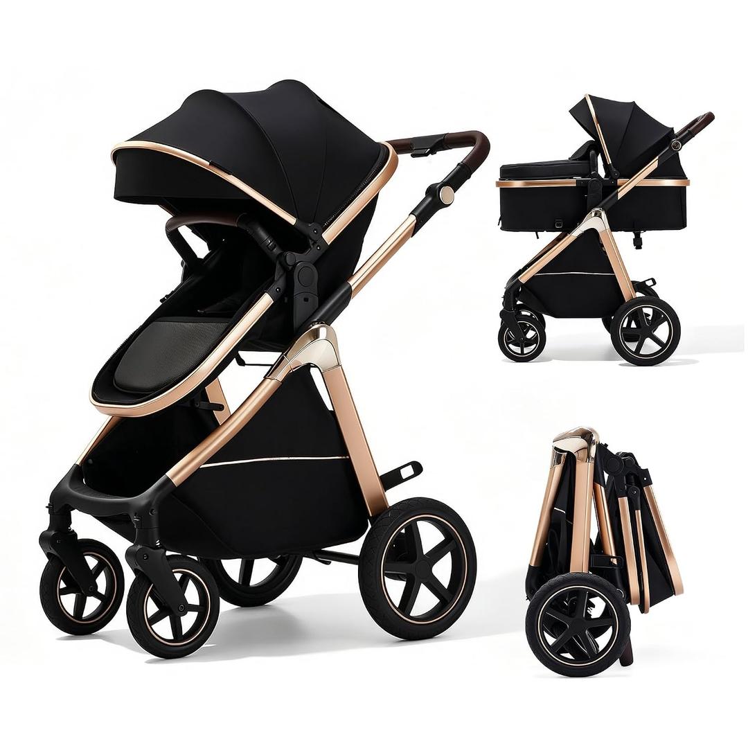 2-in-1 Convertible Baby Stroller, 0-36M Reversible Fully Reclining Seat, One-Hand Fold, All-Wheel Suspension, 5-Point Harness, Black
