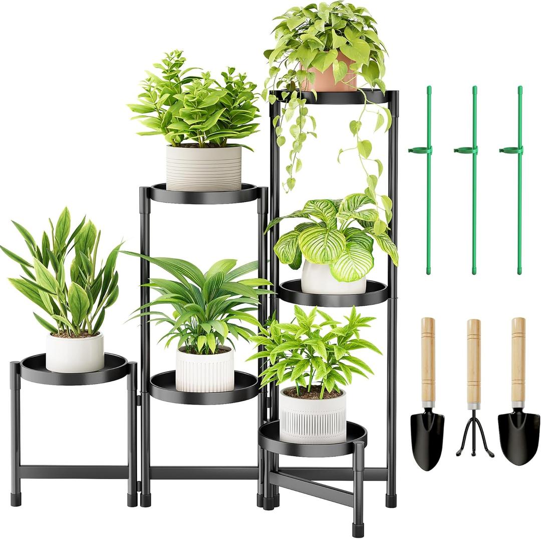 6 Tier Metal Plant Stand Indoor, Rotatable Corner Plant Shelf Outdoor, Tiered Flower Pot Display Stand, Black Multiple Plants Holder for Patio Living Room Balcony Garden Home Decor