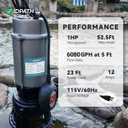 1HP, Max 6500 GPH Sewage Grinder Pump, 115V Trash Pump, 52.5ft Head