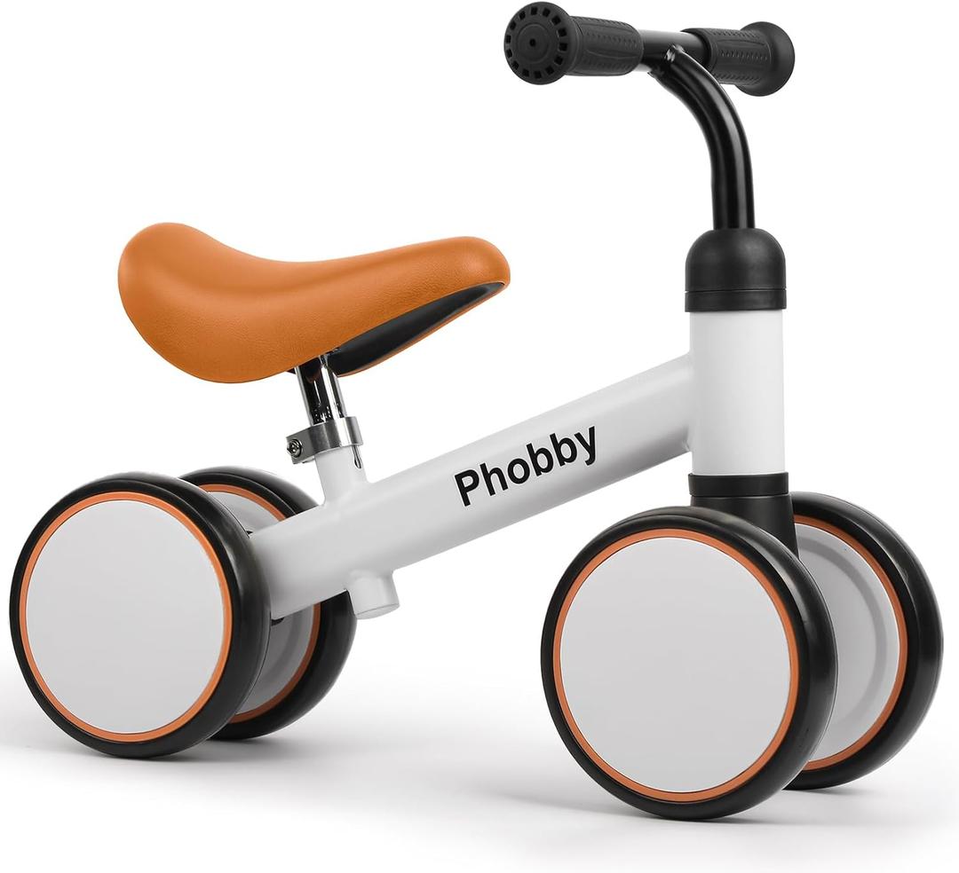 Phobby Baby Balance Bike for 1 2 Years Old Boys Girls, 4 Wheels Toddler Bike with Adjustable Seat, 12-24 Months Kids First Birthday Toy Gift (White&Brown)