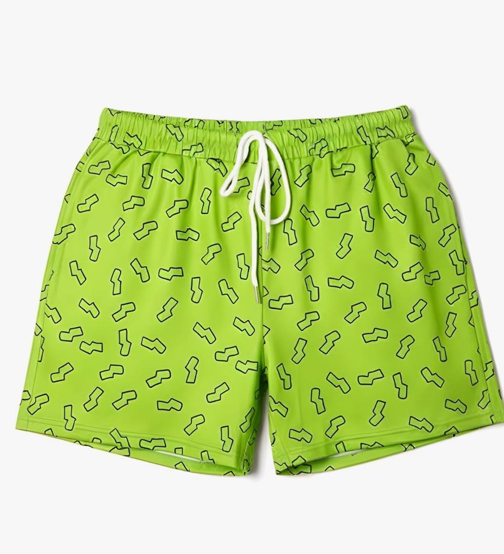 Lime Green Squiggles Pattern Shorts for Mens Adult Men Teens Retro 90s Neon Cosplay Halloween Costumes, XL