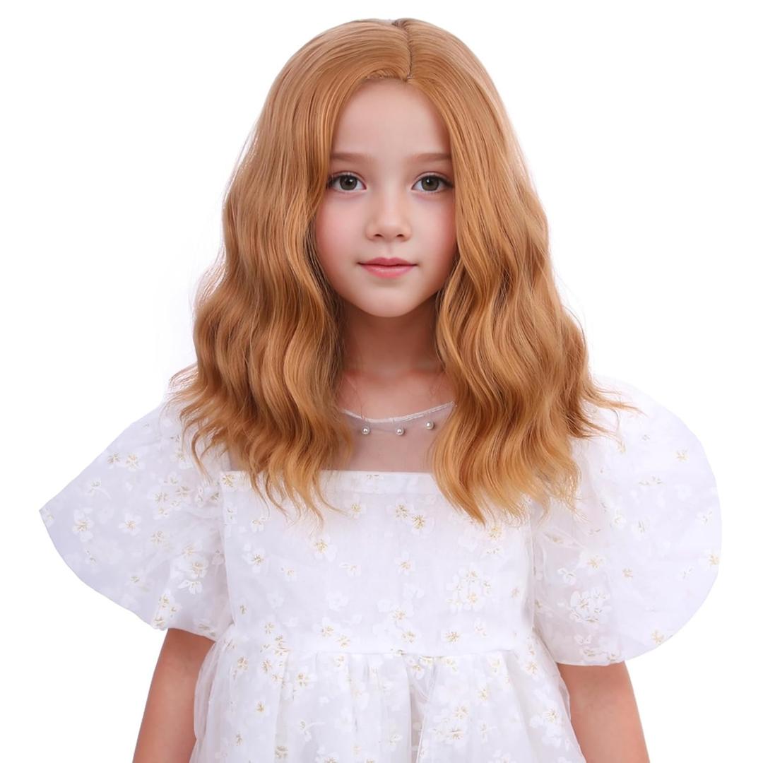 Strawberry Blonde Wig for Kids Girls Short Light Blonde Side Part, Wavy Curly Wig for Child Heat Resistant Synthetic Hair with Hair Cap