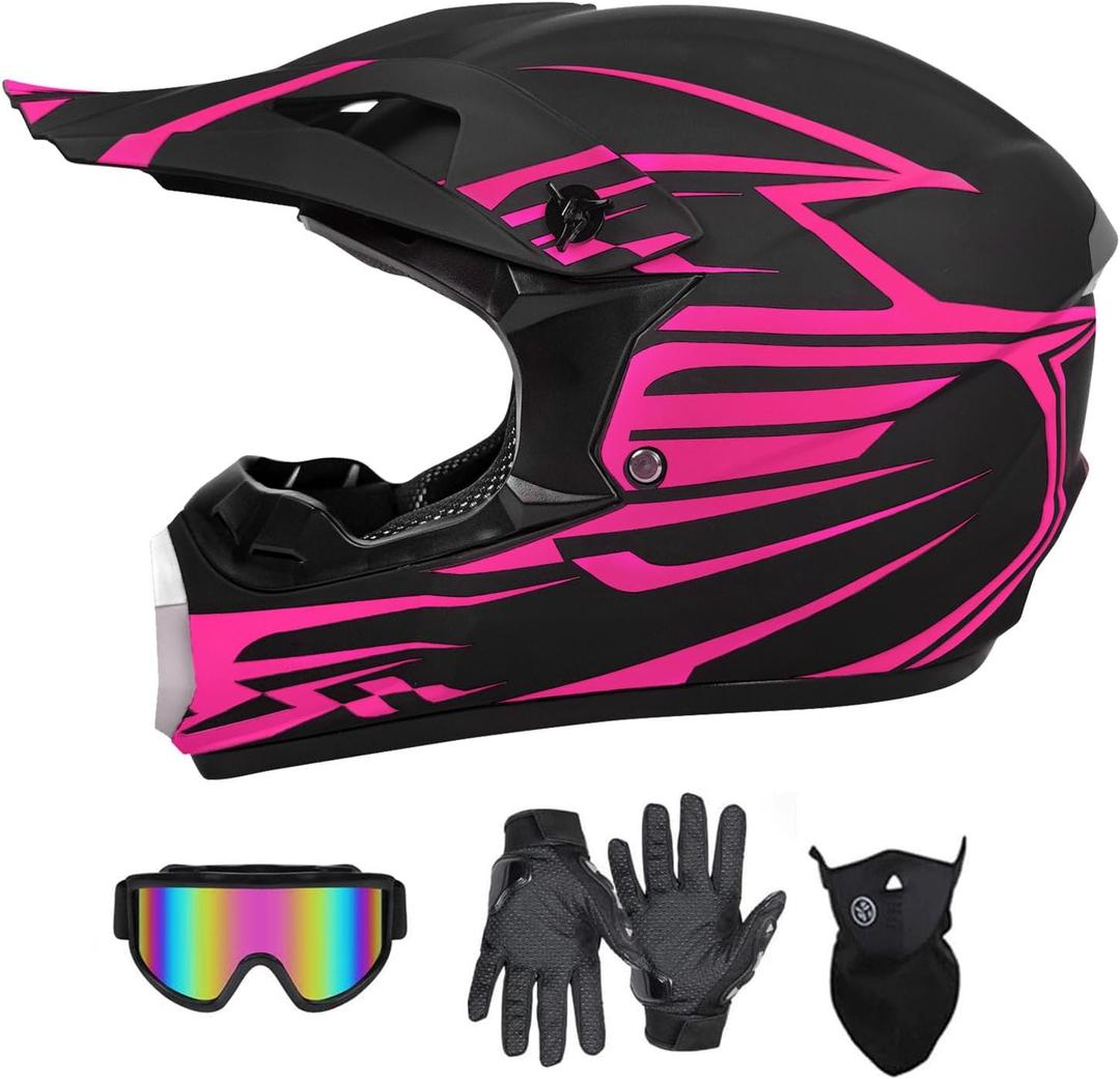 SanQing Youth Kids Motocross Helmet, Full Face Motorcycle Helmet for Dirt Bike ATV Four Wheeler MX Offroad Street Helmet with Gloves,Goggles,Face Shield DOT Approved (Small, Pink)