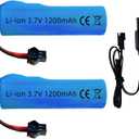 1200mah 3.7V Rechargeable Battery SM-2P Plug with USB Charger for RC Car RC Trucks Toy Robots Bazooka Rocket Bubble Gun Battery Replacement 2 Pack