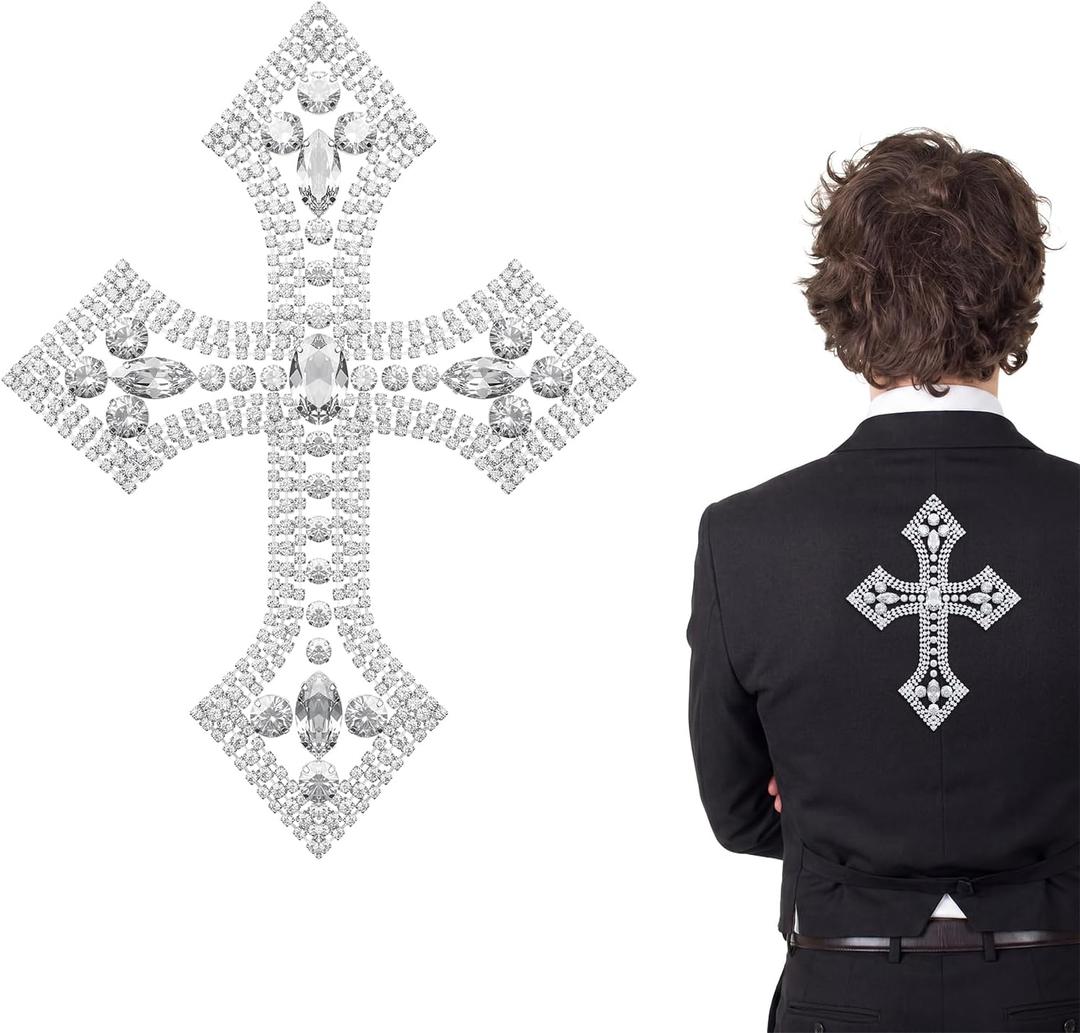 Suncalla 2 Pcs Large Silver Rhinestone Cross Patch Applique Crystal Cross Iron on Patches Sew on Clothing Patches for Clothes Bag Dress Jacket Repairing 8 x 6 Inches