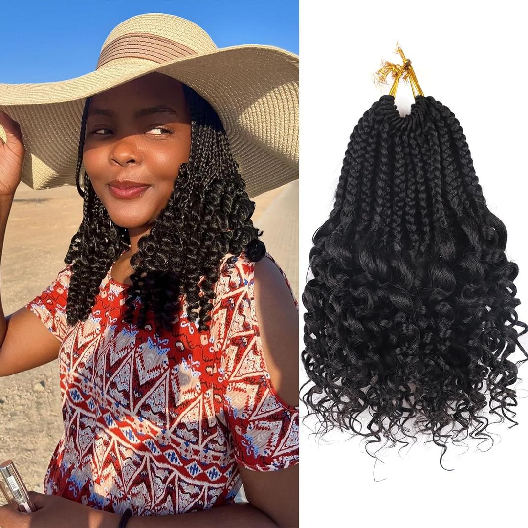 Goddess Box Braids Crochet Hair 12 Inch 7 Packs Short Crochet Hair for Black Women Pre Looped Crochet Goddess Box Braids with Curly Ends Micro Braided Curly Crotchet Hair (1B)