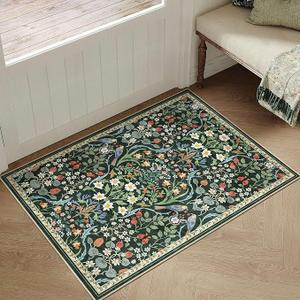 4x6 Washable Area Rug for Living Room Green Floral Vintage Non Slip Low Pile Thin Rug Soft Lightweight Stain Resistance Carpet Kitchen Bathroom Entryway Laundry Room Nursery Home Decor