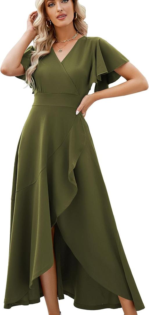Long Black Formal Dresses for Women Gowns Evening Party Cocktail Dress,Split Elegant V Neck Wrap Ruffle Wedding Guest Dresses (Small)