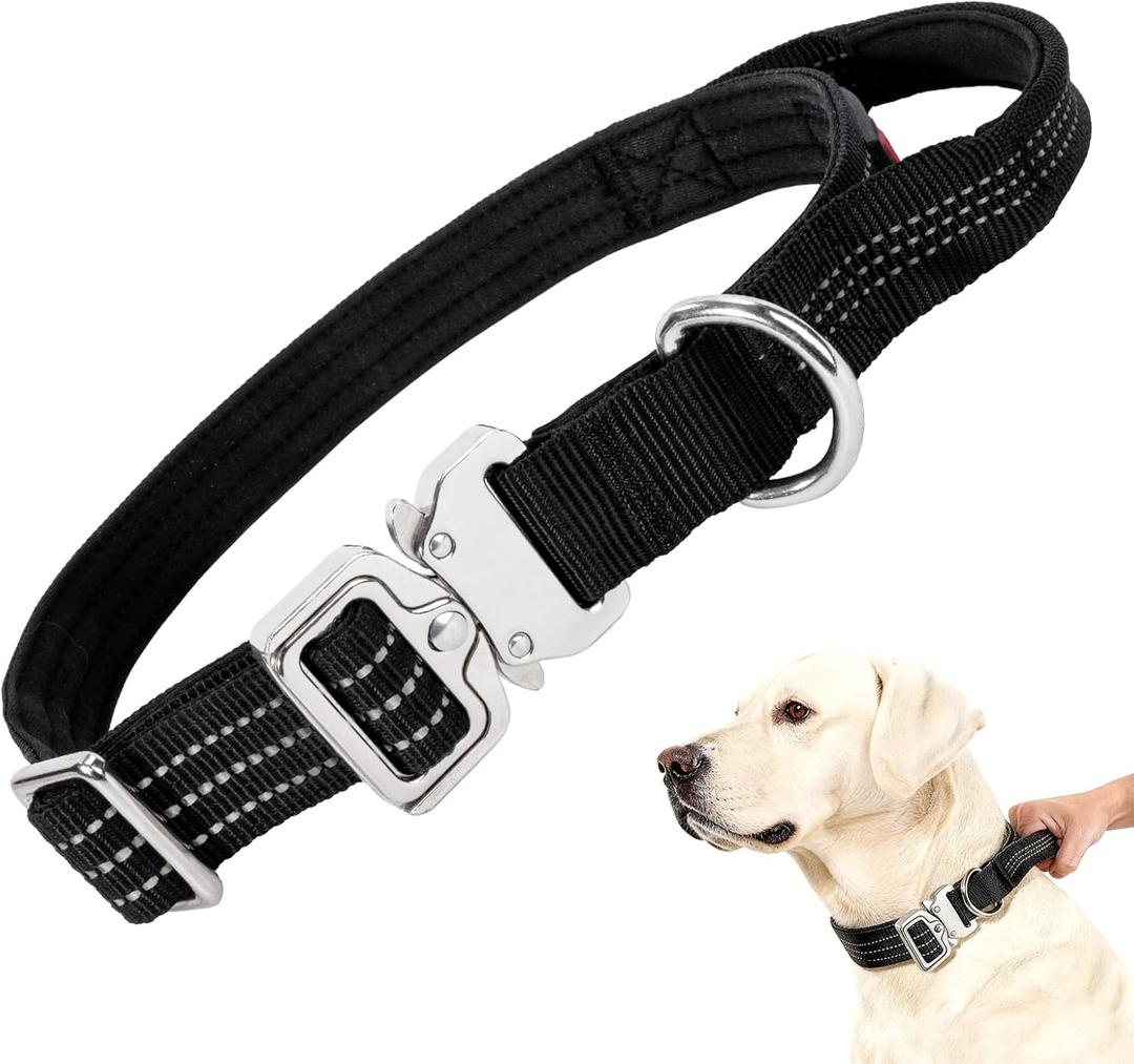 Tactical Dog Collar with Handle, Heavy Duty Nylon Collar With Quick-Release Metal Buckle, Reflective Design, Padded Comfortable Fit, Adjustable 17in-22in for Dogs(L, 1in, Black)
