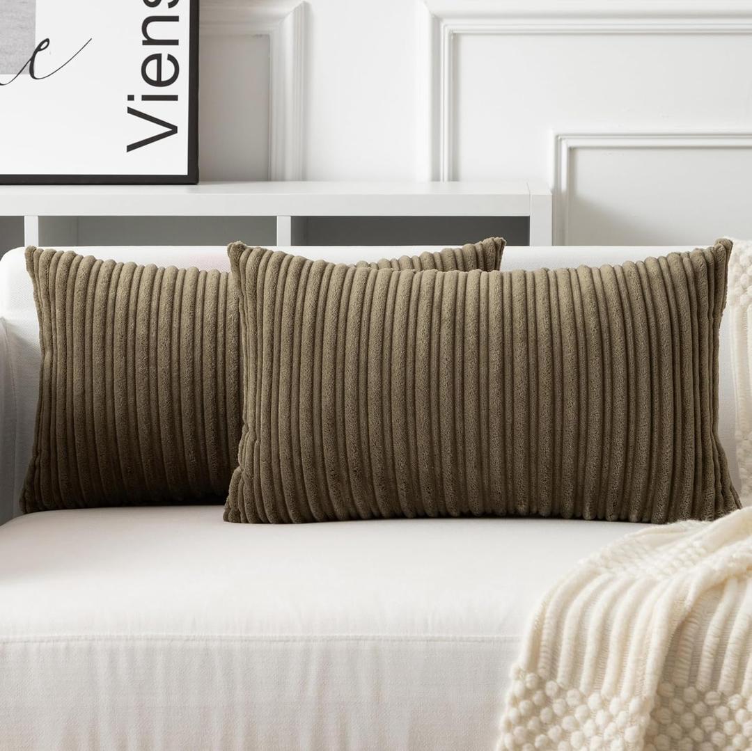UGASA Velvet 12x20 Inch Lumbar Soft Throw Pillow Covers Decorative Corduroy Striped Both Sides Solid Rectangular Cushion Cases Boho Farmhouse for Couch Bedroom Sofa Home, Pack of 2, Olive Green