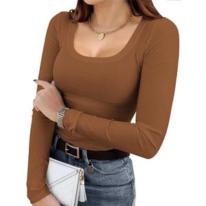 Womens Long Sleeve Scoop Neck Ribbed Knit T-Shirt Fitted Casual Basic Tops, Light Brown, M