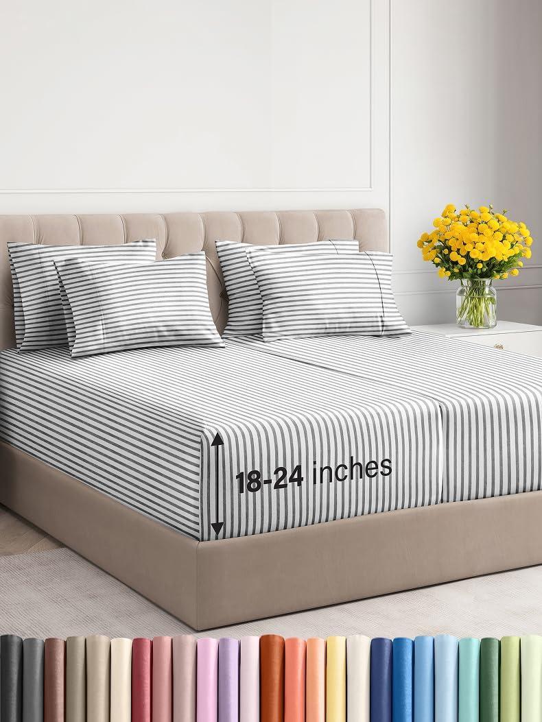 Extra Deep Split King Sheet Set - 7 Piece Breathable & Cooling Sheets - Hotel Luxury Bedding Set 18-24 Inch Extra Deep Pockets - Easy Fit, Soft, Wrinkle Free & Comfy - Grey Stripes, Split King Size