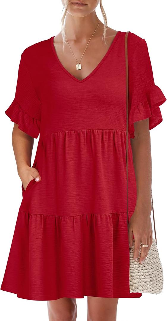 Caracilia Dresses for Women Summer Casual 2026 Ruffle Short Sleeve A Line Tiered Flowy Cute V Neck Mini Beach Dress Pockets, Red, X-Large