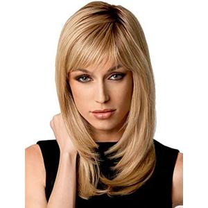 Auflaund Natural Ombre Blonde Straight Wigs Long Bob Straight Blonde Hair Wig with Side Bangs for Women + Wig Cap 21 Inch