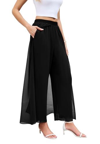 WANGZHI Women's Chiffon Dress Pant Wide Leg Flowy Palazzo Culotte Elastic Waist Casual Skirt Pant Black 2026 Fall ,Large