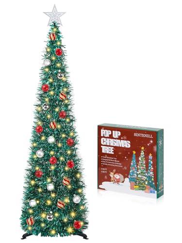 SINTENILL 5 FT Pop Up Christmas Tree with Timer Lights and Decorations, Green Tinsel Artificial Christmas Tree with 24 Balls Ornaments, Collapsible Pencil Tree for Xmas Home Office Party Decor