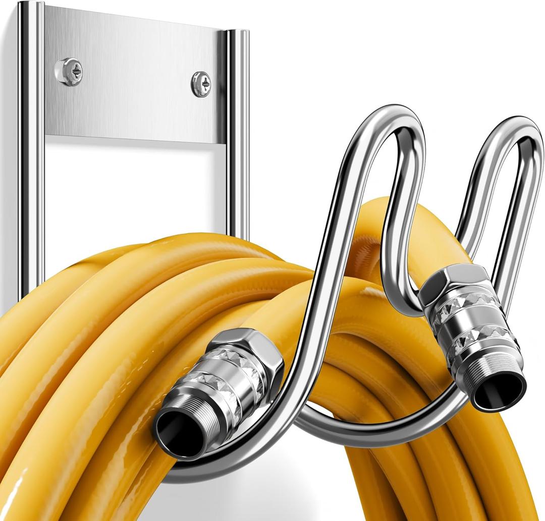 Stainless Steel Garden Hose Holder - Extra Large Heavy Duty Silver SS304 Wall Mounted Hanger for Water Hose, Extension Cords, Vacuum Lines, Anti-Rust (2 Pack)