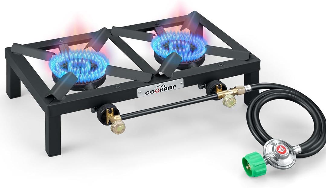 COOKAMP Propane Double Burner Angle Iron Camp Stove with CSA Listed Regulator and 4ft Hose (SA2200)