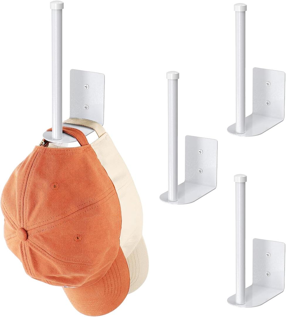4 Pack Hat Racks for Baseball Caps, Stainless Steel Hat Organizer for Baseball Cap, Hat Holder Storage Organizer, Hat Hanger Strong Adhesive/Wall Drilled for Door, Bedroom, Closet(White 6 in)