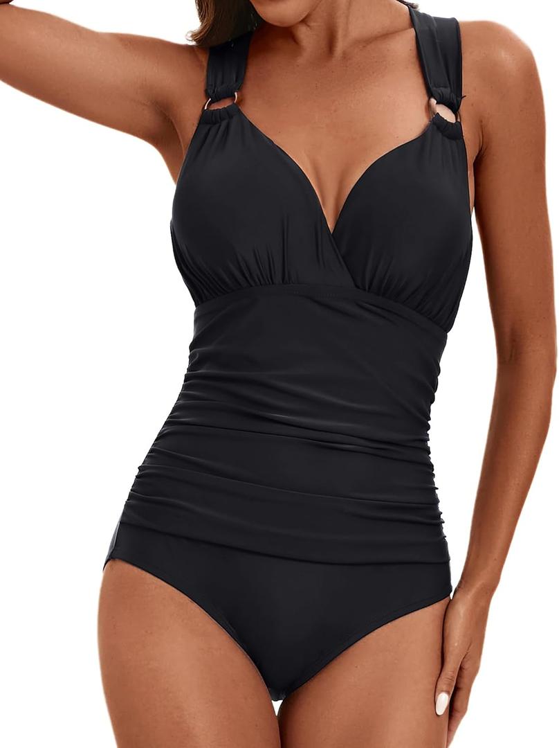 KI LAPHEE One Piece Bathing Suit for Women Tummy Control Swimsuits V Neck Ruched Cross Back Self Tie (Black)