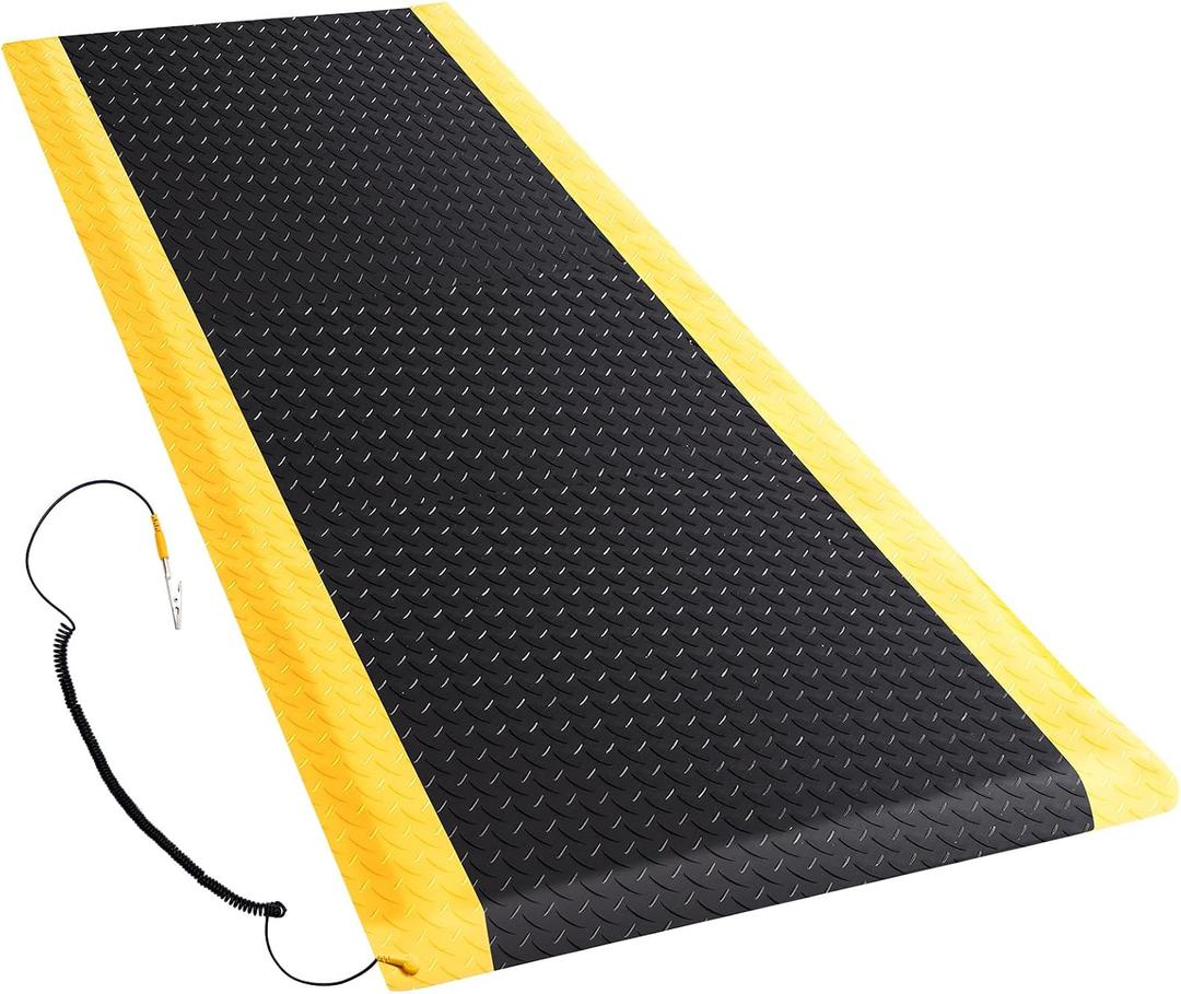 Drydiet 1 Pcs 2'x6' Anti Fatigue Mat Industrial, ESD Conductive Pad with Ground Wire, Heavy Duty Ergonomic Standing Floor Mat for Commercial Work, Shop Stand, Thick 3/4" Black with Yellow Border