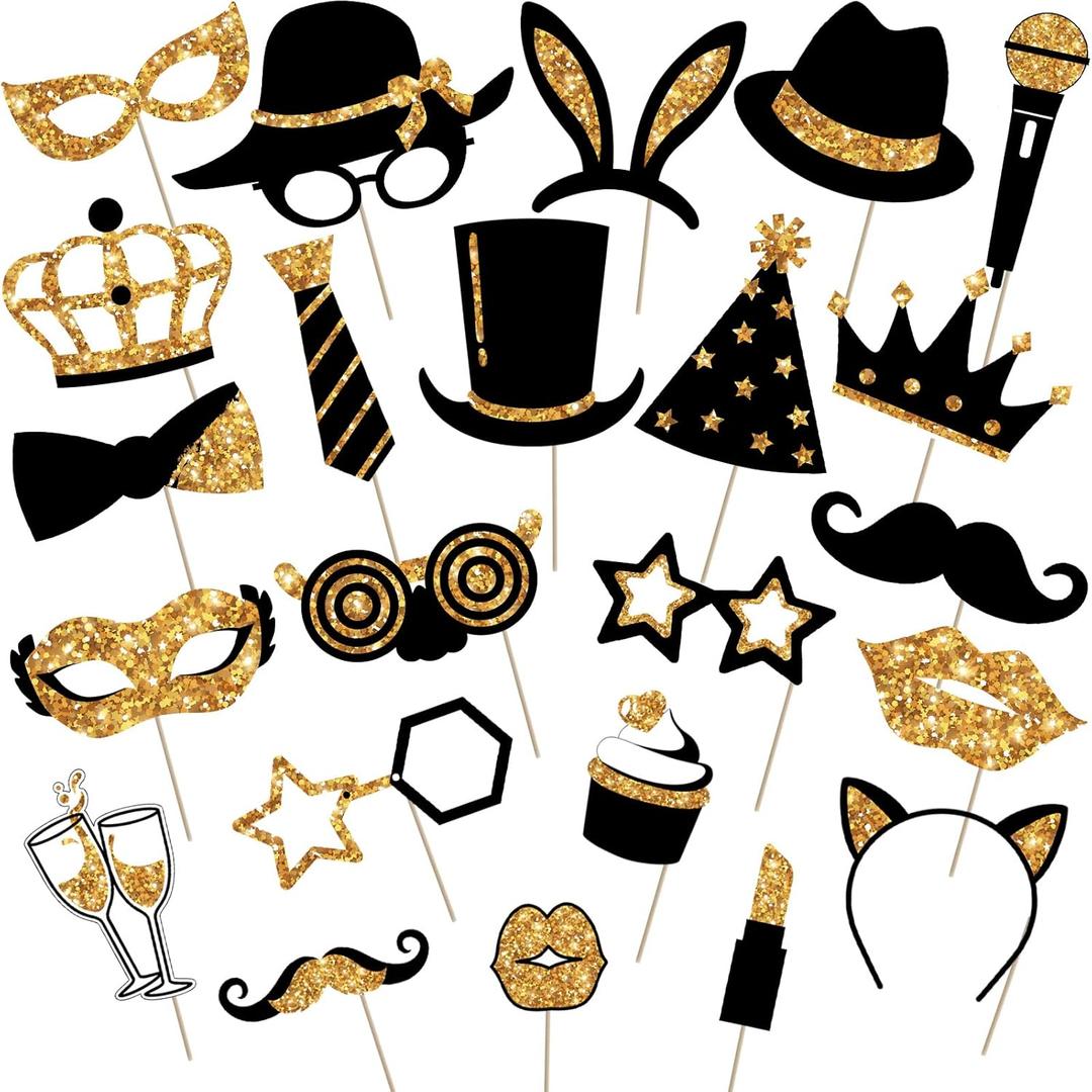 Zonon 24 Pieces Funny Photo Booth Props for Birthday Weddings Graduation Party Supplies Prom Disco Mardi Gras Party Supplies Mix of Hats, Lipstick, Tie, Crowns(Golden)