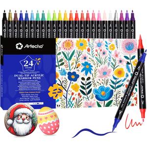 Artecho Acrylic Paint Markers 24 Colors, Acrylic Paint Pens with Brush Tip and Fine Tip for Stone, Rock Painting, Paper, Pumpkin, Wood, Egg, Canvas, Ceramic, Fabric, leather, Glass, DIY Crafts