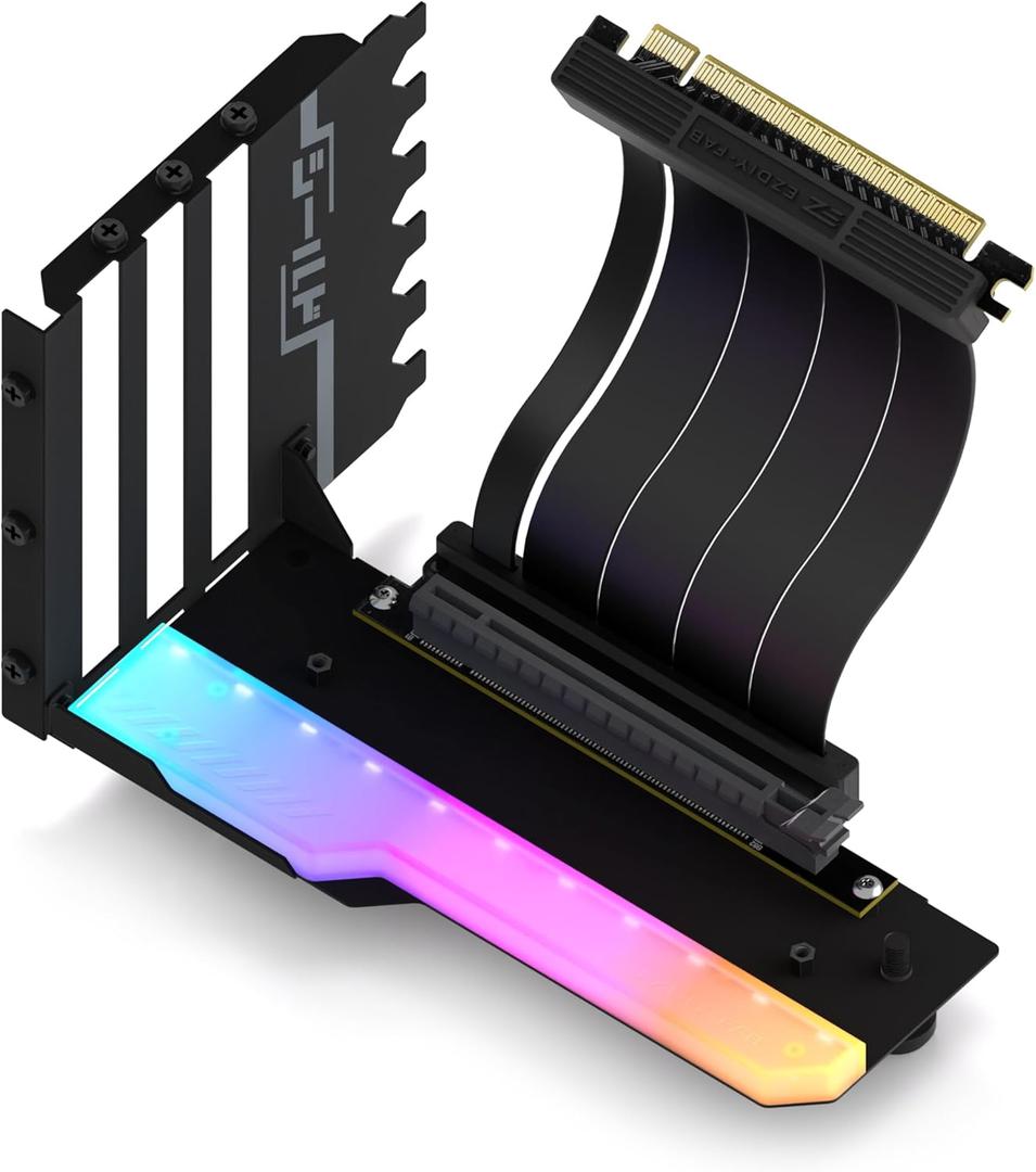 EZDIY-FAB Vertical GPU Mount with High-Speed PCIE 4.0 Riser Cable, ARGB Module, 115mm/4.52in Flexible Extension, 90 Degree Connector, Only Compatible to Full-Opened PCIe Slots-Black-YIHPI344-2