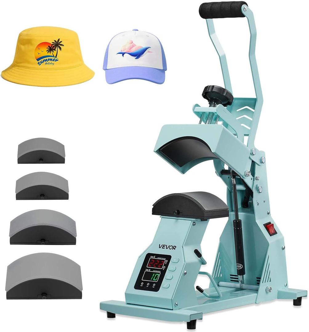 VEVOR Hat Heat Press Machine, with 4pcs Interchangeable Platens, Precise Temperature and Time Control, Hat Press for HTV Iron On and Sublimation Projects, for Caps, Headbands, Cuffs, Face Masks, Green