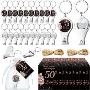 25 Sets Rose Gold 50th Birthday Party Favors for Guests Cheers to 50 Years Bottle Opener Nail Clipper Keychain Thank You Card for Return Gifts Wedding Anniversary Supplies (50th, rose gold)