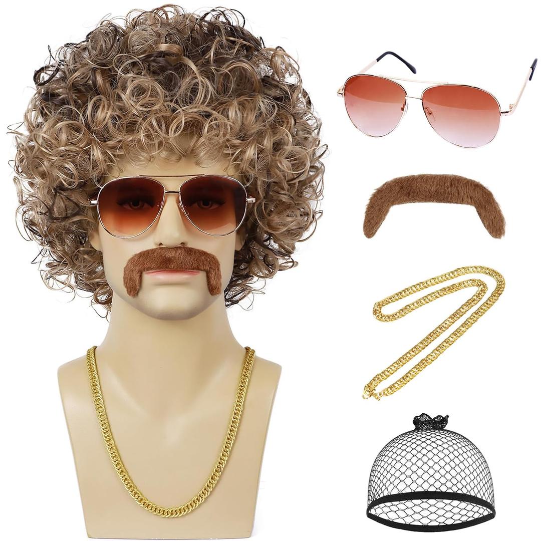 70s 80s Mens Disco Wig with Mustache Glasses Golden Chain Wig Cap Short Afro Curly Wigs For 60s Retro Disco Outfit Men Party Hippies Rocker Cosplay Costume Halloween(Blonde Mix Brown)