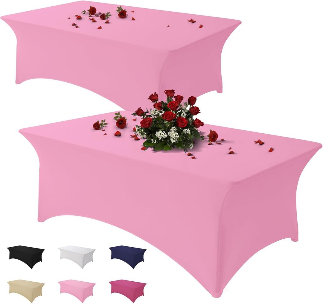 Table Cloth 2 Pack Pink 8FT Spandex Tablecloth for Rectangle Fitted Table Cloths Stretch Covers Washable Wrinkle Free Tablecloths for Festival Camping Picnic Wedding Party