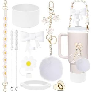 Mdscve 10Pcs for Stanley Cup Accessories, Silicone Straw Cover Reusable Water Bottle Handle Strap for Stanley Boot and Charms - Keychain Designs for Stanley 30&40oz Tumbler Accessories (White)