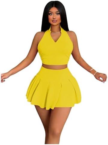 RoseSeek Women's 2 Piece Tennis Skirt Set Sleeveless Racerback Crop Tank Tops High Waisted Pleated Mini Skirt Outfits Yellow, L